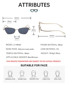 Detailed size chart of cat-eye sunglasses with metal frame and grey lenses