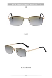 Detailed front and side view of square gold metal sunglasses with gradient lenses