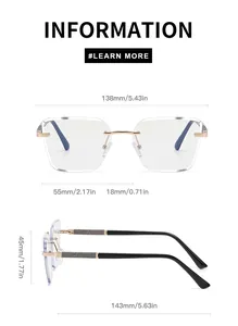 Detailed size specifications for square rimless sunglasses with gold metal hinges