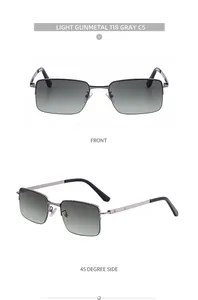 Detailed front and 45-degree side view of light gunmetal square metal sunglasses