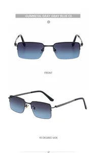 Front and 45-degree side view of titanium gunmetal square sunglasses with gradient blue lenses