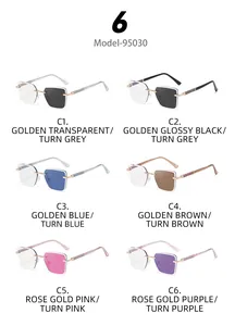 Detailed grid showing 6 color variants of rimless photochromic sunglasses with metal temples