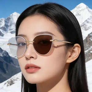 Detailed view of cat-eye sunglasses with photochromic lenses on an Asian female model