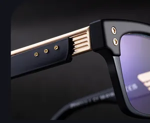 Macro shot of durable golden metal hinges and inner temple markings on square sunglasses