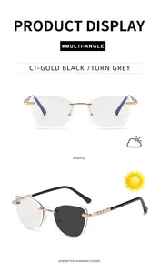 Detail of rimless cat-eye photochromic sunglasses with gold temples and crystal accents