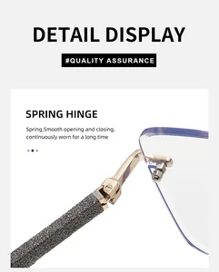 Detail of metal spring hinge and glitter texture temple on rimless sunglasses