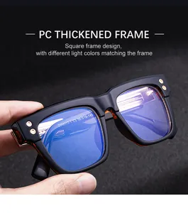 Detailed shot of square photochromic sunglasses frame with model specs and blue light lens