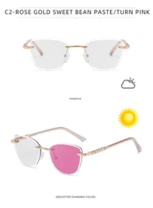 Detail of rose gold cat-eye rimless sunglasses with photochromic lenses and beaded arms