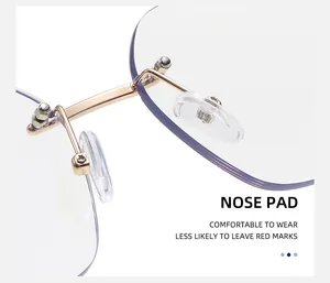 Close-up of comfortable silicone nose pads and golden metal bridge on rimless sunglasses