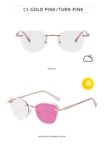 Cat eye photochromic rimless sunglasses showing clear lenses turning to pink under sunlight
