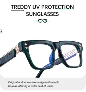 Detail of square marble pattern sunglasses frame with gold rivets and UV protection