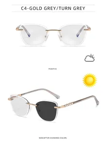 Cat eye rimless photochromic sunglasses detail showing indoor clear and outdoor dark lens change