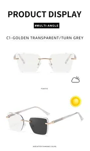 Detail of frameless photochromic sunglasses with carved gold hinges and glitter temples