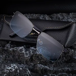 Square metal frame sunglasses for men in gunmetal finish on a black leather case