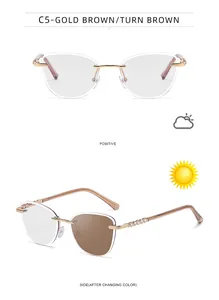 Detail of gold metal cat-eye rimless sunglasses with photochromic lenses and hollow temples