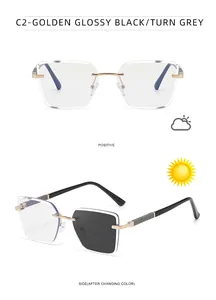 Detail of square rimless photochromic sunglasses with metal frames and spring hinges