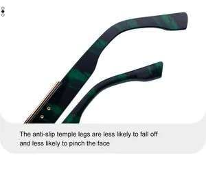 Detail of green marble pattern temples with gold metal hinges and ergonomic curve