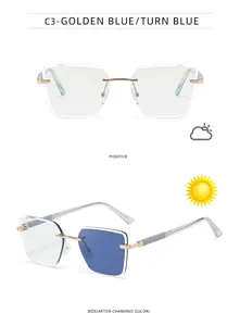 Detail of rimless photochromic sunglasses with golden metal frames and blue glitter temples