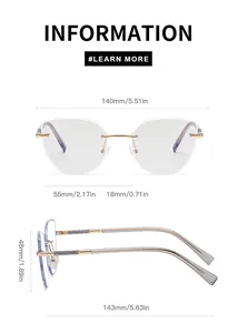 Detailed size guide of rimless cat-eye sunglasses with glitter metal temples