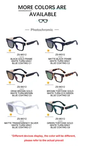 Detailed grid of photochromic square frame glasses in six colors with blue light coating