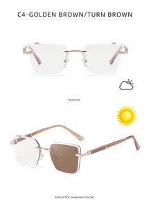 Detail of rimless photochromic sunglasses changing from clear to golden brown tint