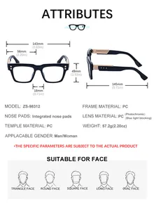 Detailed dimensions and side view of square black photochromic anti-blue light glasses