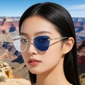 Women Fashion Cat Eye Rimless Photochromic Sunglasses Metal Frame Rhinestone Decoration Blue Light Blocking UV400 Eyewear