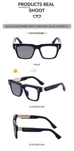 Detailed views of black gold photochromic sunglasses with blue coating and square frame