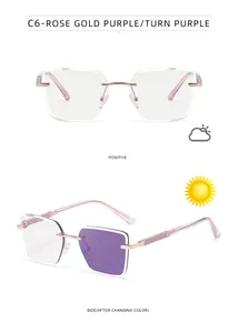 Detail of rimless photochromic sunglasses with rose gold sparkling arms and purple lenses