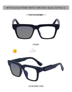 Detail view of square matte black sunglasses with photochromic blue coating lenses