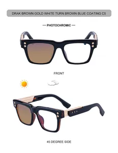 Detail of square photochromic sunglasses showing lens transition from clear to dark brown
