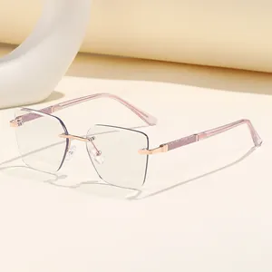 Fashionable rimless square photochromic sunglasses with glitter pink temples for women