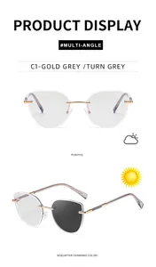 Detail of photochromic cat-eye sunglasses lens changing from clear to grey tint