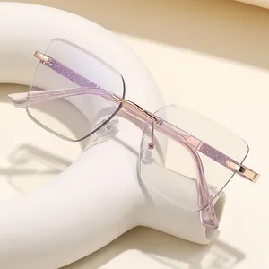 Chic rimless square sunglasses with purple glitter temples and rose gold metal hardware