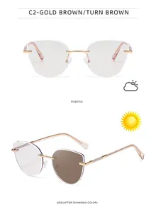 Detail of cat eye photochromic sunglasses with gold metal temples and color-changing lenses