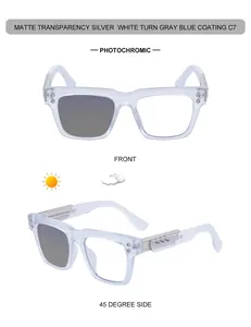 Detail of photochromic square sunglasses showing front and 45-degree side views