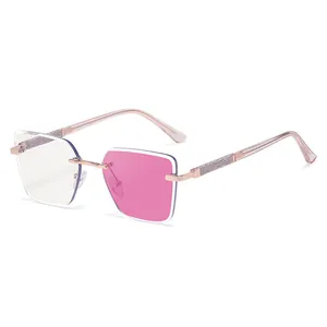 Fashionable square rimless photochromic sunglasses with pink gradient lenses and metal legs