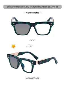 Macro detail of photochromic lenses with green marble frames and golden hinges