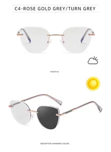 Macro detail of cat-eye rimless photochromic sunglasses with rose gold metal frame