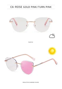 Detail of rose gold cat-eye sunglasses showing photochromic lenses turning pink
