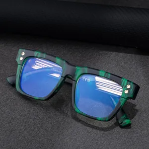 Retro square photochromic sunglasses with green marble frame and golden rivets