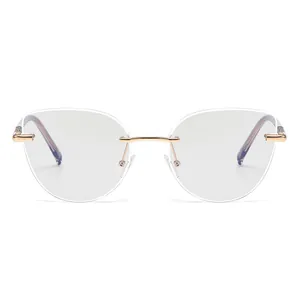 Fashion rimless cat-eye sunglasses with gold metal frame and clear lenses for women
