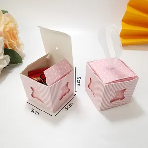 Pink paper favor box with bear cutout, 5cm cube size for candies and small baby gifts