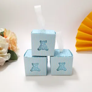 Blue striped baby shower favor boxes with cute bear cutout window and white silk ribbon