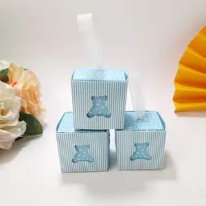 Set of 3 blue hollow bear candy boxes with white stripes and ribbon for baby shower gifts
