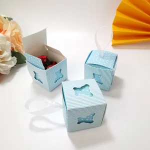 Cute blue striped party gift box with hollow bear design and elegant white ribbon handle