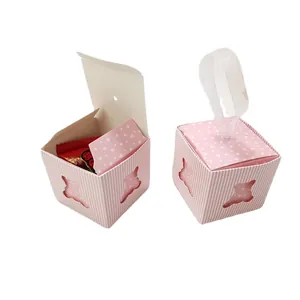 Pink striped hollow bear candy gift box with heart lid and white ribbon handle