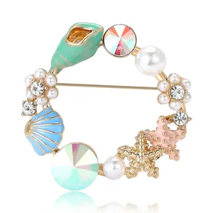 Spilla a Ghirlanda a Tema Marino in Lega Con Strass Künstliche Perle Stelle Marine Conchiglie Smalto per Decorazione Vestiti Donna