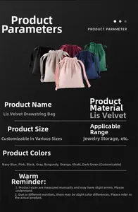 Detail view of colorful velvet drawstring pouches with dimensions and fabric specifications