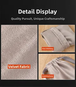 Detailed macro view of gray velvet drawstring pouch showing fine stitching and soft fabric